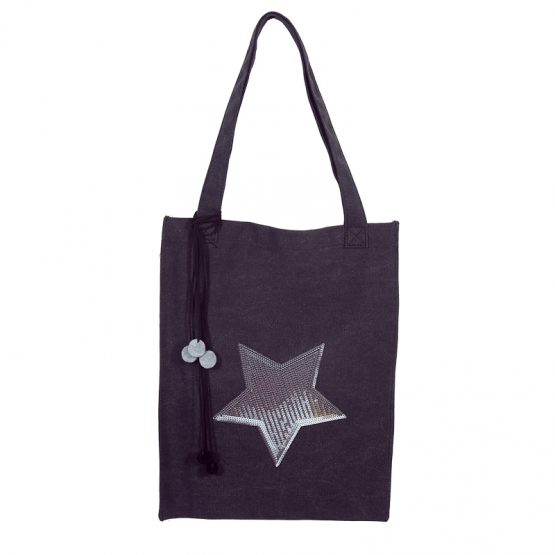 Grote shopper met ster, glitter pailletten en pompons
