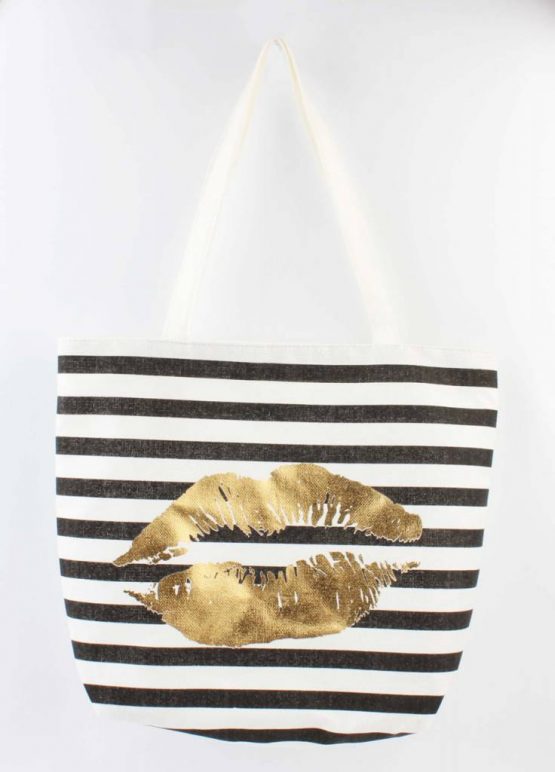 zwart wit gestreepte shopper strandtas met lippen