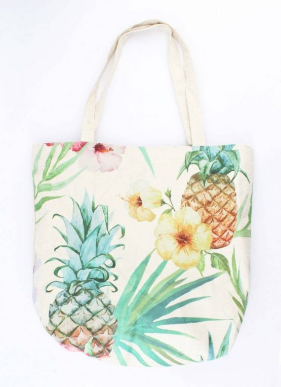Vrolijke shopper strandtas met bloemen en ananas