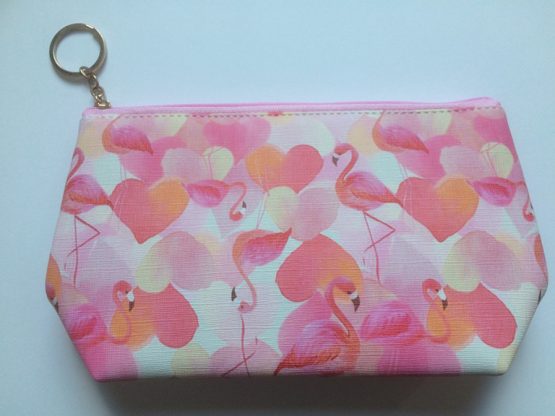 roze make-up tasje met flamingo en hartjes