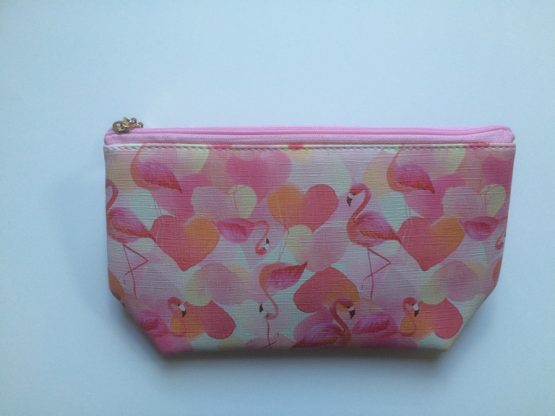 roze make-up tasje met flamingo en hartjes