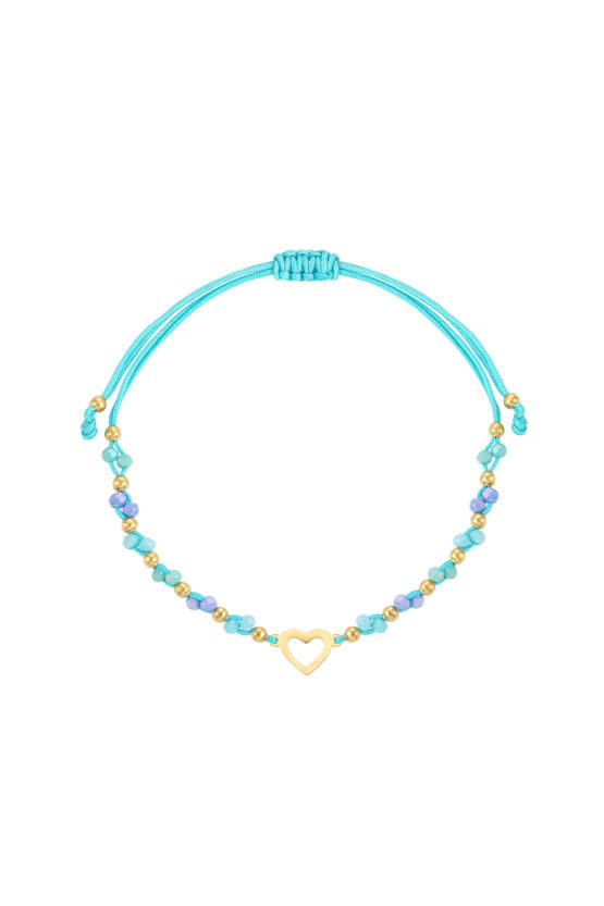 blauw armbandje met kralen en goud hartje