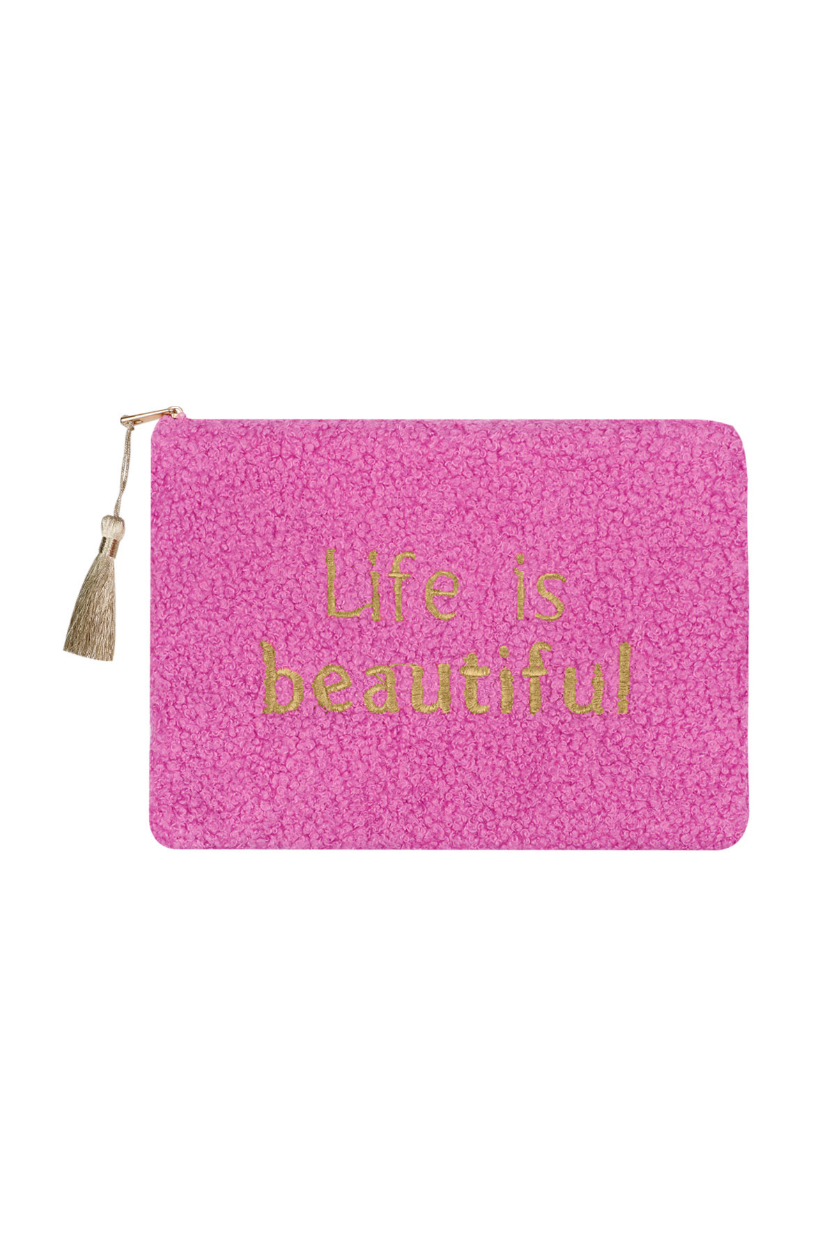 roze teddy make-up tas met tekst life is beautiful